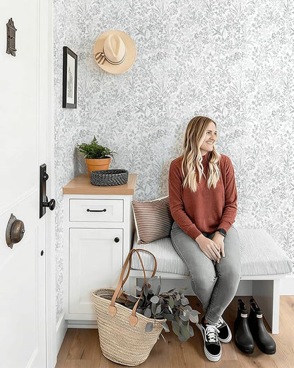 Heroad Boho Peel and Stick Wallpaper Floral Contact Paper for Cabinets Drawers Grey Wall Paper Waterproof Self Adhesive Leaf Wallpaper for Bedroom Bathroom Removable Decor Vinyl Roll 15.5''x78.7''