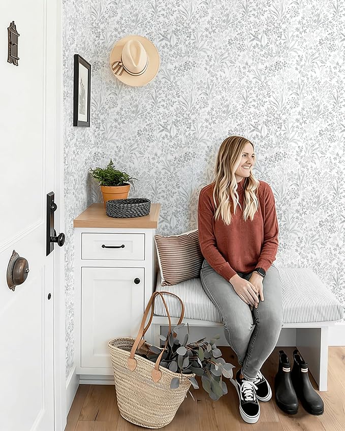 Heroad Boho Peel and Stick Wallpaper Floral Contact Paper for Cabinets Drawers 15.5''x196'' Grey Wall Paper Waterproof Self Adhesive Leaf Wallpaper for Bedroom Bathroom Removable Decor Vinyl Roll