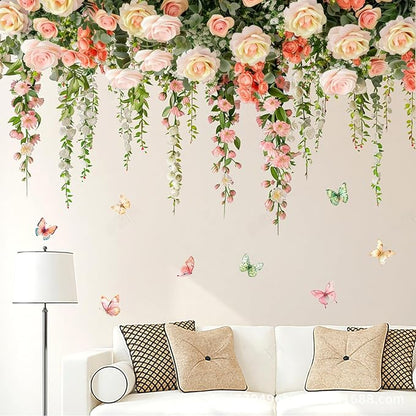 Vivid Roses Wall Stickers, Hanging Vine Floral Wall Decals Butterfly Sticker, Peel and Stick Wallpaper for Baby Nursery Girls Bedroom Living Room Decor