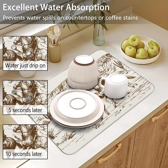 Dish Drying Mat for Kitchen Counter 2 Pack with Non-Slip Rubber Backing - Heat-Resistant Absorbent Coffee Bar Mat, Dish Rack Mat, Cowboy Dish Drying Mats 18x24+19.5x12 inch
