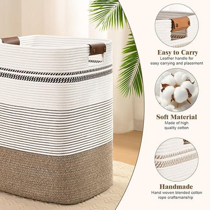 Laundry Hamper, 85L Tall Laundry Basket with Leather Handles, Rectangle Large Clothes Hamper for Organizing, Cotton Woven Laundry Baskets Storage Hampers for Bedroom, Nursery, Living Room