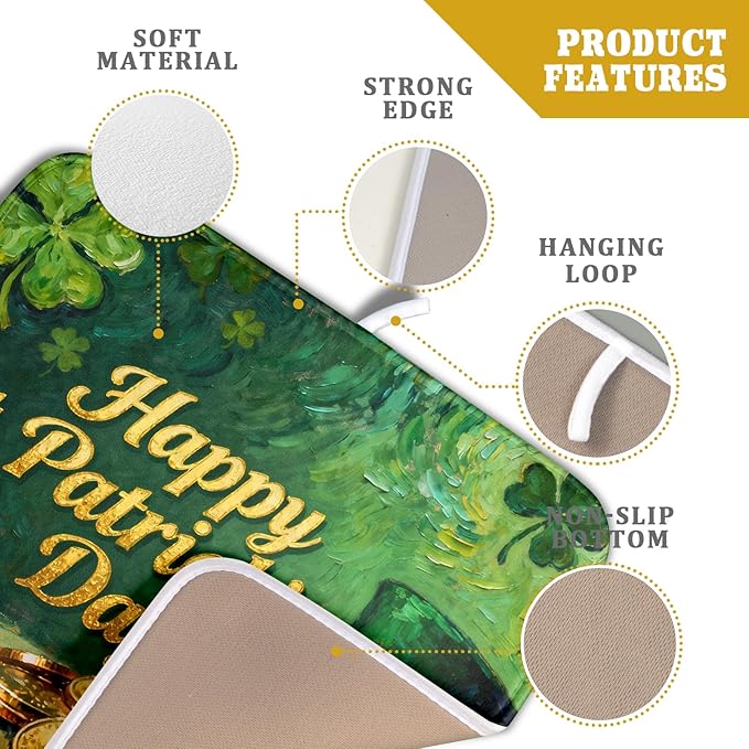 St Patrick's Day Dish Drying Mat for Kitchen Counter 16x18 Gold Green Lucky Clover Hat Coin Happy Holiday Absorbent Reversible Microfiber Drying Mats Kitchen Countertop Protector Dishes Drainer Pad
