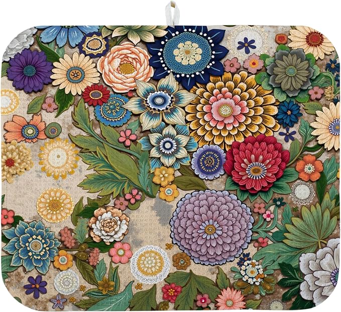Dish Drying Mat for Kitchen Counter 18x24 Inch, Super Absorbent Dish Drainer Mat, Decorative Microfiber Dishes Drying Pad-Large(Luxurious flowers)