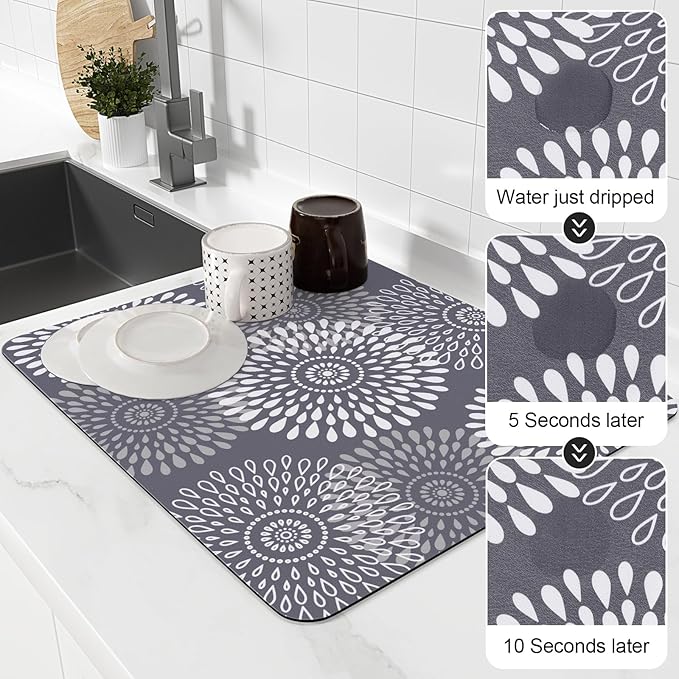 LuxStep Dish Drying Mat Super Absorbent Kitchen Counter Mat Rubber Backing Draining Mat Easy to Clean Kitchen Accessories Dish Rack Pad for Dishes, Utensils, Countertops, Sinks 15" x 18" Grey