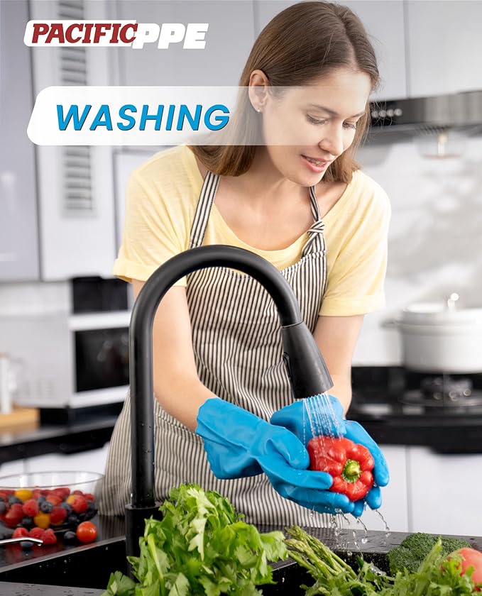 PACIFIC PPE 2 Pairs Reusable Dishwashing Cleaning Gloves with Latex Free, Cotton Lining, Kitchen Gloves, Blue, Medium