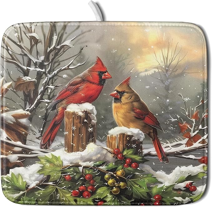 Winter Dish Drying Mat for Kitchen Counter 16x18 Inch Red Birds Cardinal Tree Christmas Theme Print Absorbent Reversible Microfiber Drying Mats Kitchen Countertop Protector Dishes Drainer Rack Pad