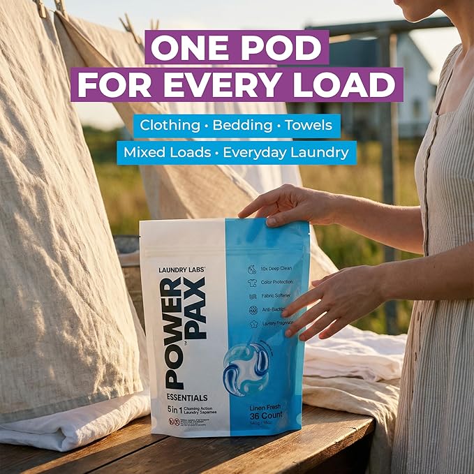 PowerPax 5-in-1 Laundry Detergent Pods, 36 Count Concentrated Enzyme Clean pods for Stain Removal, Odor Control, Fabric Softening & Color Care, Linen Fresh