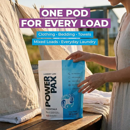 PowerPax 5-in-1 Laundry Detergent Pods, 36 Count Concentrated Enzyme Clean pods for Stain Removal, Odor Control, Fabric Softening & Color Care, Linen Fresh