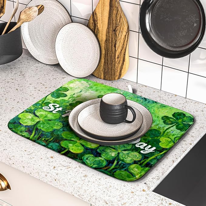 St Patricks Day Lucky Clover Dish Drying Mat for Kitchen Counter 16x18 Green Shamrock Happy Holiday Theme Absorbent Reversible Microfiber Drying Mats Kitchen Countertop Protector Dishes Drainer Pad