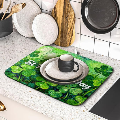 St Patricks Day Lucky Clover Dish Drying Mat for Kitchen Counter 16x18 Green Shamrock Happy Holiday Theme Absorbent Reversible Microfiber Drying Mats Kitchen Countertop Protector Dishes Drainer Pad