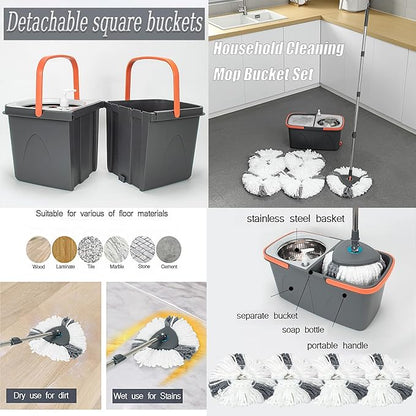 Spin Mop and Detachable Bucket Set with 5 Reusable Microfiber mop Head Dual-Chamber Water System Spining Mop Floor Cleaning Kit for Hardwood Tile Laminate Floors (Gray)