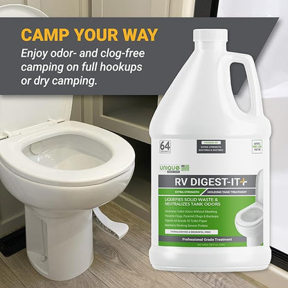 Unique RV Digest-It+, Extra-Strength RV Toilet Treatment - Liquifies Waste and All Brands of Toilet Paper - Odor Eliminator (128 oz) (Pack of 2)