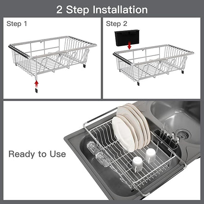 Over the Sink Expandable Dish Drainer Drying Rack In Stainless Steel for Small Kitchen, Counter Space Saving Modern Compact Metal Above Plate Dryer Strainer, Adjustable Hanging Inside Drain Holder