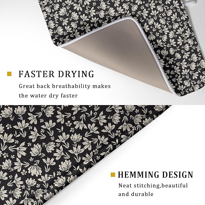 Floral Dish Drying Mat for Kitchen Counter 24x18 Inch Black Flower Drying Mat with Absorbent Reversible Microfiber Holiday Season Spring Dish Drainer Mats Rack Pad for Coffee Countertop Protector