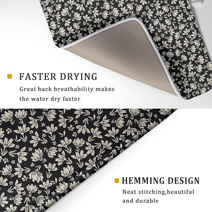 Floral Dish Drying Mat for Kitchen Counter 24x18 Inch Black Flower Drying Mat with Absorbent Reversible Microfiber Holiday Season Spring Dish Drainer Mats Rack Pad for Coffee Countertop Protector