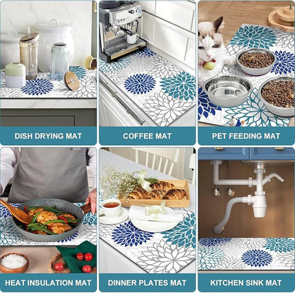Findosom 2PCS 12" x 20" Dish Drying Mat & 24" x 5.5" Sink Splash Guard, Super Absorbent & Cuttable Dish Mat Drying Kitchen Mat with Blue Floral, Hide Stain Drying Mat for Kitchen Counter