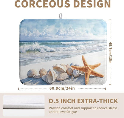 Summer Beach Dish Drying Mat for Kitchen Counter Starfish Coastal Shells Kitchen Dishes Dryer Pad Absorbent Matt Microfiber Washable Foldable Reusable Large 18x24 in