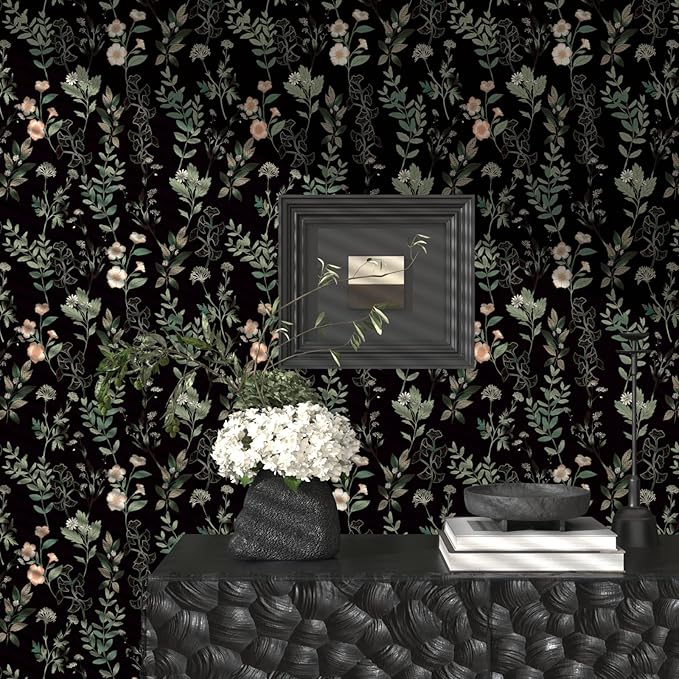 Fvlow Black Green Floral Wallpaper 17.4" x 394", Dark Green Leaf Contact Paper Peel and Stick Wallpapers Waterproof Self-Adhesive Wall Covering for Bedroom Countertop Desk Cabinets Decor