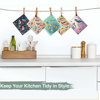 10 PCS Birds Print Swedish Dishcloths for Kitchen 100% Biodegradabl, Reusable Cellulose Sponge Cloth, Ultra Absorbent, Eco Friendly Cleaning Towels | Dishcloths for Washing Dishes & General Cleaning