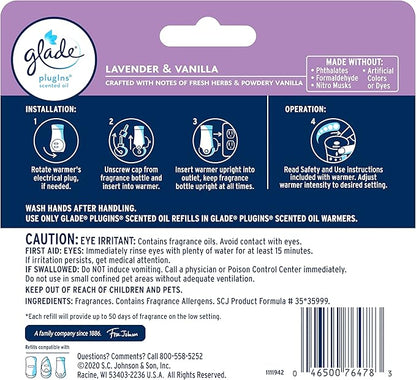 Glade PlugIns Refills Air Freshener, Scented and Essential Oils for Home and Bathroom, Lavender & Vanilla, 2.01 Fl Oz, 3 Count