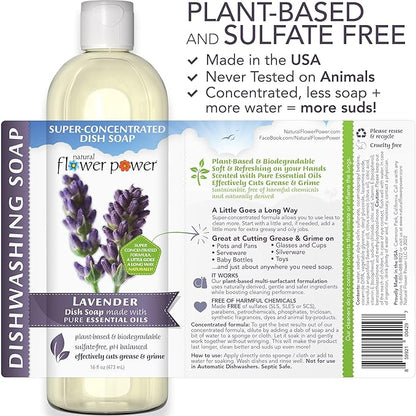 Natural Flower Power Liquid Dish Soap | Lavender 16 Fl Oz | Pack of 3 | Plant-Based & Scented w/ Pure Essential Oils | Natural Liquid Dishwashing Detergent | Sulfate-Free Kitchen Soap | Vegan
