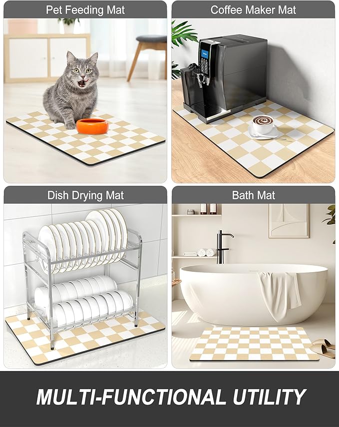 Rnivvi Dish Drying Mat for Kitchen Counter, XL 15 x 24" Cute Checkered Absorbent Draining Pad, Non-Slip Heat Resistant Coffee Bar Mat for Coffee Machine Station Accessories, Beige White Dish Rack Pad