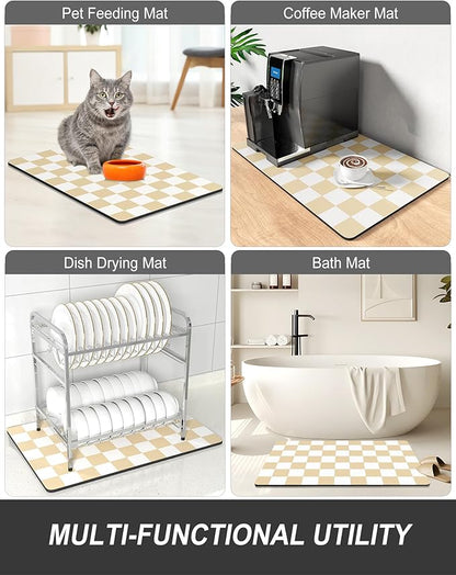 Rnivvi Dish Drying Mat for Kitchen Counter, 12 x 19" Cute Checkered Absorbent Draining Pad, Non-Slip Heat Resistant Coffee Bar Mats for Coffee Machine Station Accessories, Beige White Dish Rack Pad