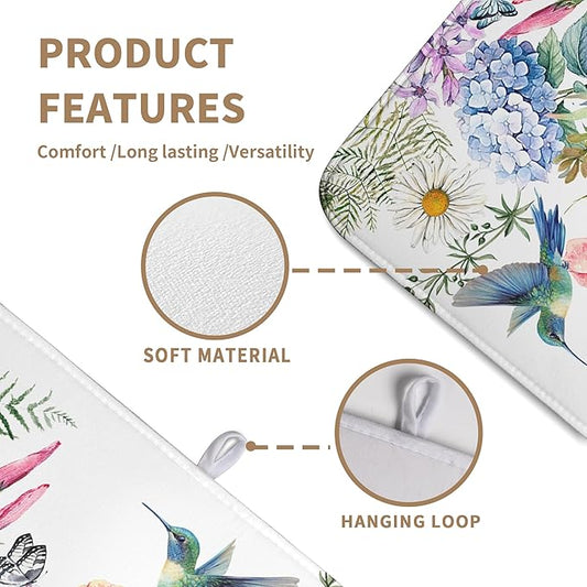 Spring Floral Birds Dish Drying Mat Summer Butterfly Flowers Kitchen Dish Drying Pad Daisy Absorbent Dish Dryer Mat for Kitchen Countertops Microfiber Dishes Drainer Pad (18x24 in)
