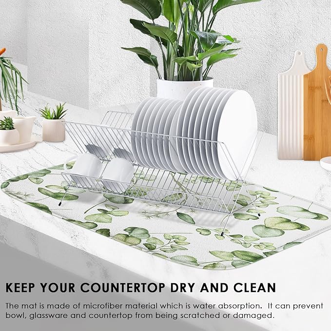 Sanwarm Absorbent Dish Drying Mat, Vintage Summer Eucalyptus Leaves Flower Microfiber Pad for Kitchen Counter, Coffee Bar Decor, Heat Resistant and Reversible, 18" x 24"