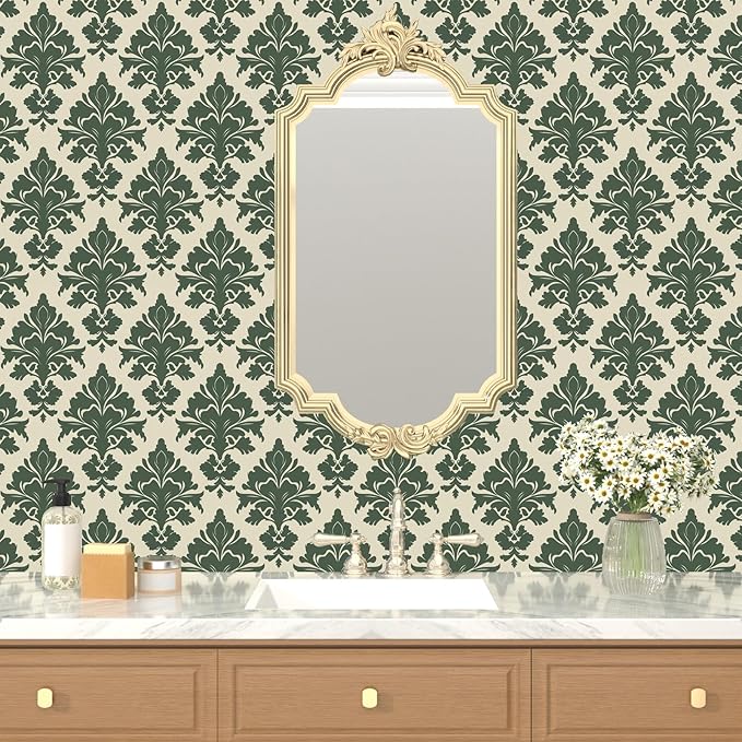 Vintage Green Floral Symmetrical Wallpaper Peel and Stick 17.5" x 118" Boho Leaf Pattern Self Adhesive Cantact Paper, Waterproof Removable Vinyl Wall Covering for Bedroom Living Room Cabinet