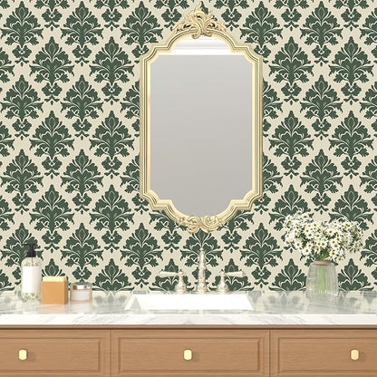 Vintage Green Floral Symmetrical Wallpaper Peel and Stick 17.5" x 118" Boho Leaf Pattern Self Adhesive Cantact Paper, Waterproof Removable Vinyl Wall Covering for Bedroom Living Room Cabinet