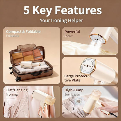 Portable Garment Steamer for Clothes, 1500W Fabric Steamer 168ml Larger Tank & No Leak Design 15S Fast Heat-up, Quick Wrinkle Remover Strong Penetrating Steam for Home, Travel (ONLY FOR 120V)