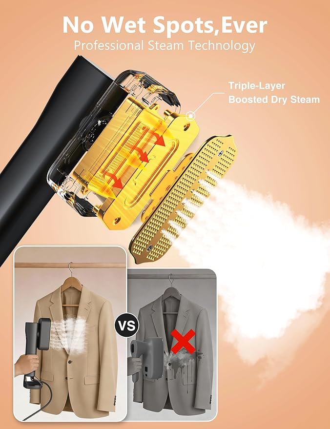 Steamer for Clothes,Portable Handheld Garment Steamer, 200ml Capacity,1000W 15s Fast Heat-UP, Leak-Proof Fabric Quick Wrinkle Remover Ceramic Panel, 2-in-1 Dry & Wet Iron for Home and Travel -Golden
