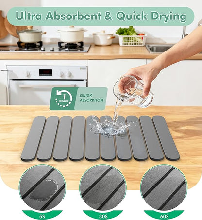 Large Stone Dish Drying Mat for Kitchen Counter, Quick Dry Diatomaceous Earth Stone Mat, Roll-Up Dish Mat for Dishes Bottles Cups, Super Absorbent & Non-Slip, 24"×16",Grey