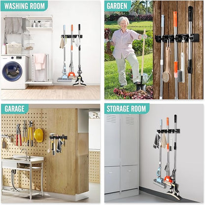 InPoTo Broom and Mop Holder, Wall Mounted Organizer Mop and Broom Storage Tool Rack with 5 Ball Slots and 6 Hooks (1Pack)