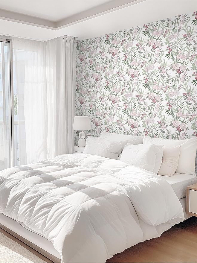 Dimoon 385"x17.3" Vintage Wallpaper Floral Peel and Stick Wallpaper Boho Contact Paper White Pink Green Cute Flower Removable Wall Paper Renter Friendly Kitchen Shelf Bathroom Self Adhesive Vinyl Roll