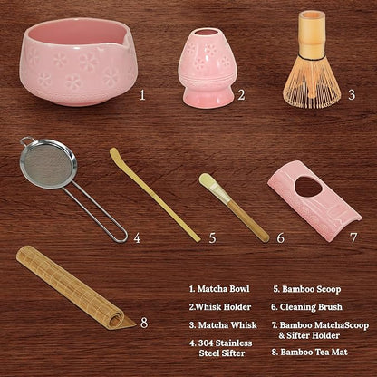 8 Pcs Matcha Whisk Set: Matcha Bowl, Whisk and Holder, Cleaning Brush, Bamboo Scoop, 304 Sifter, Tool Holder, Tea Mat – Matcha Set Kit Gifts for Women, Mom, Valentines Day (Pink)