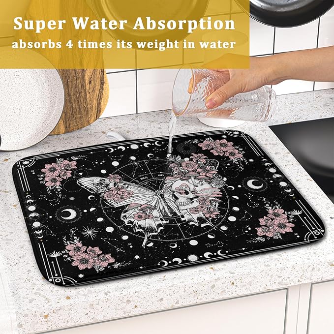 Skeleton Butterfly Dish Drying Mat Black Skull Absorbent Dish Drainer for Kitchen Counter Holiday Decor