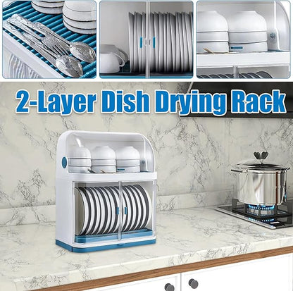 2-Layer Kitchen Dish Rack Drain Bowl Cup Plate Dish Drying Drainer with Cover