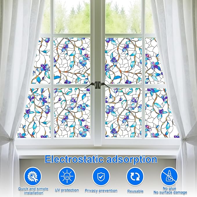 Frosted Glass Window Film, Heat Insulation, UV Block, Anti-Glare, One Way Privacy Tint, Static Cling for Home Bathroom Door, Renter Friendly, Day & Night Privacy