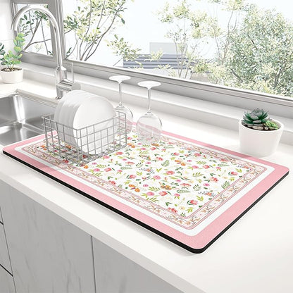 Rnivvi Dish Drying Mat for Kitchen Counter, 12 x 19" Cute Flower Theme Super Absorbent Draining Pad, Non-Slip Heat Resistant Coffee Bar Mats for Coffee Machine Station Accessories, Pink Dish Rack Pad