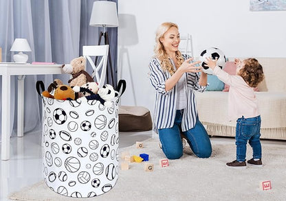 KUNRO Round Laundry Gift Basket Storage Hamper, Clothes Storage Organizer Bins, Shelf Basket with Handles for Room Decor (Sports ball)