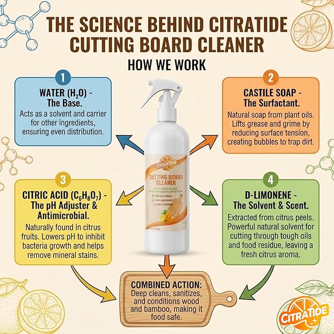Cutting Board Cleaner Spray – Food Safe Cleaner & Conditioner for Wood, Bamboo, plastic cutting boards & Butcher Blocks – Plant-Based Citrus Power, Non-Toxic, USA Made (16 fl oz)