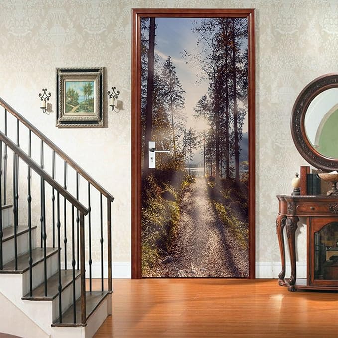 A.Monamour 3D Door Stickers for Interior Doors A Pathway Through Forest in The Morning Nature Scenery Vinyl Waterproof Self Adhesive Door Mural Decals for Bedroom Office Bathroom 95x215cm