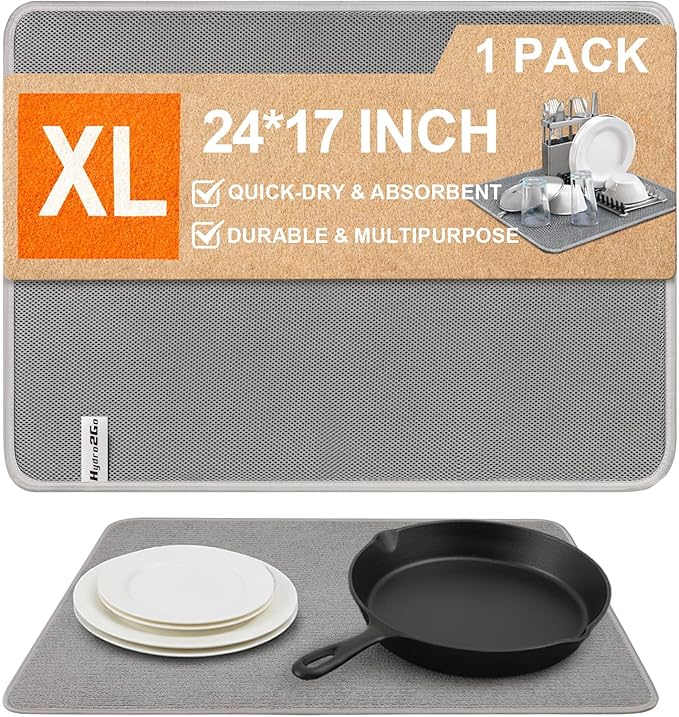 Dish Drying Mat 24 x 17 in, Large Microfiber Drying Mats, Absorbent Quick Dry Pad for Kitchen Counter, Countertop Protector for Dishes, Pots & Pans, Machine Washable, Gray (1 PCS)