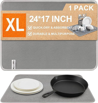 Dish Drying Mat 24 x 17 in, Large Microfiber Drying Mats, Absorbent Quick Dry Pad for Kitchen Counter, Countertop Protector for Dishes, Pots & Pans, Machine Washable, Gray (1 PCS)