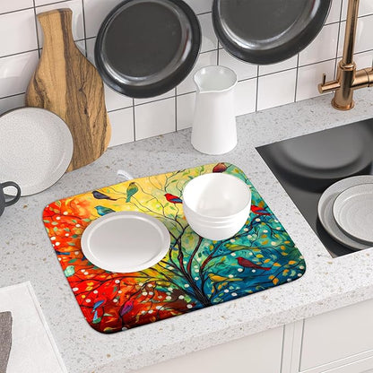Colorful Spring Tree Bird Dish Drying Mats for Kitchen Counter 16”x18” Absorbent Reversible Microfiber Spring Floral Dish Drying Pad Seasonal Flowers Mat Dish Draining Mat for Countertop Table Decor