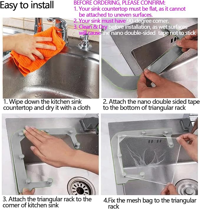 Kitchen Sink Triangle Tri-Holder Filter, Kitchen Sink Strainer, Sink Drain Strainer, with a Triangular Gray Rack and 200PCS Large Size Filtering Mesh Bags for Kitchen Leftover