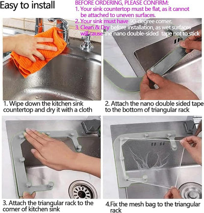 Kitchen Sink Triangle Tri-Holder Filter, Kitchen Sink Strainer, Sink Drain Strainer, with a Triangular Gray Rack and 200PCS Large Size Filtering Mesh Bags for Kitchen Leftover
