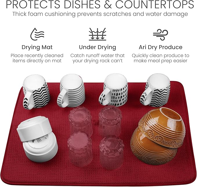 Bellemain XL Dish Mat 24" x 17" ( LARGEST MAT ) Microfiber Dish Drying Mat , Super absorbent ( Red )